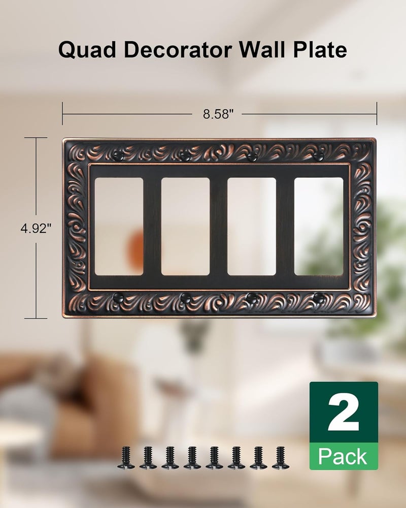 treewell 2-Pack Quad Decorator Outlet Cover Plate, Paisley Pattern Decorative Switch Plates and Outlet Covers, 4 Gang Aged Bronze Metal Wall Plates, Corrosion Resistant - Image 2